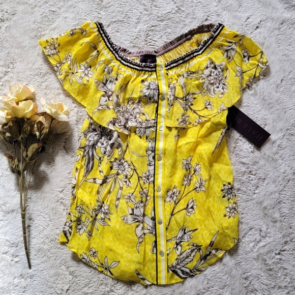 Hale Bob Yellow Off The Shoulder White Flower Print Blouse New Size S - Picture 2 of 5